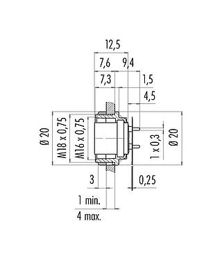 Schaaltekening M16 Female panel mount connector, aantal polen: 7 (07-a), onafgeschermd, THT, IP40, M18x0,75, Achterwandmontage