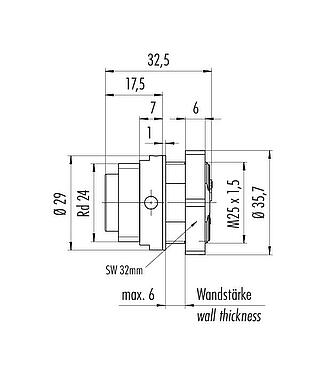 Schaaltekening RD24 Male panel mount connector, aantal polen: 3+PE, onafgeschermd, schroefklem, IP67, UL, ESTI+, VDE, Frontaansluiting