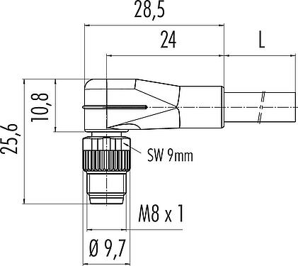 Mittakaavapiirustus M8 Kulmapistoke, Napojen määrä: 3, suojaamaton, suihkutettu kaapelille, IP67/IP69K, UL 2238, PUR, musta, 3 x 0,34 mm², 5 m