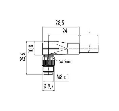 Scale drawing 77 3403 0000 20005-0200 - M8 Male angled connector, Contacts: 5, unshielded, moulded on the cable, IP67, UL, PVC, grey, 5 x 0.34 mm², 2 m