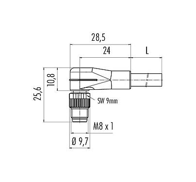 Scale drawing 77 3403 0000 50004-0200 - M8 Male angled connector, Contacts: 4, unshielded, moulded on the cable, IP67, UL, PUR, black, 4 x 0.34 mm², 2 m