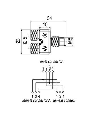 Scale drawing M8 Twin distributors Y-distributor, male connector - 2 female connector, Contacts: 4/3, unshielded, pluggable, IP68, UL 2238