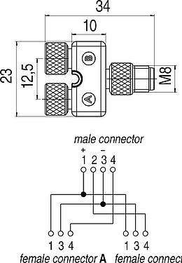 Dessin coté M8 Répartiteur double, Y-distributeur, mâle - 2 femelle, Contacts: 4/3, non blindé, enfichable, IP68, UL 2238