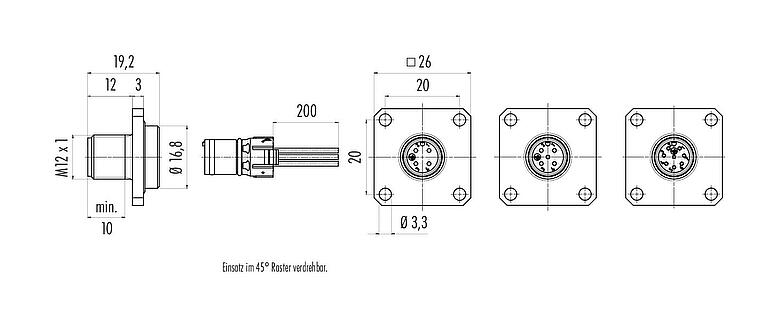 Maßzeichnung M12 Vierkant-Flanschstecker, Polzahl: 4, ungeschirmt, Litzen, IP69k, IP68, IP67, UL 2238, M3 (4x), Frontmontage, Vierkantgehäuse 26 mm, Kodierungsausrichtung positionierbar