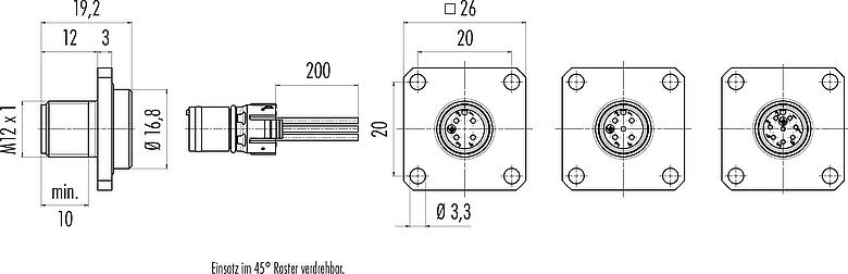 Maßzeichnung M12 Vierkant-Flanschstecker, Polzahl: 5, ungeschirmt, Litzen, IP69k, IP68, IP67, UL 2238, M3 (4x), Frontmontage, Vierkantgehäuse 26 mm, Kodierungsausrichtung positionierbar