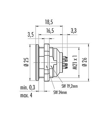 Scale drawing 09 4843 25 19 - Push Pull Male panel mount connector, Contacts: 19, unshielded, solder, IP40