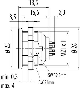 Dessin coté Push Pull Embase mâle, Contacts: 19, non blindé, souder, IP40, M21x1,0, Montage frontal