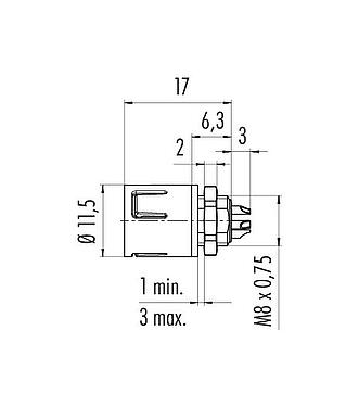 Maßzeichnung Snap-In Flanschstecker, Polzahl: 8, ungeschirmt, löten, IP67, UL 2238, M8x0,75, Frontmontage