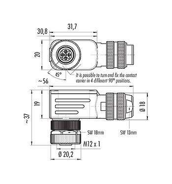 Méretarányos rajz M12 derékszögű aljzat, : 4, 6,0-8,0 mm, árnyékolható, rugós beszorító, IP67, árnyékoló gyűrűvel
