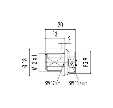 Dessin coté M12 Embase mâle, Contacts: 8, non blindé, souder, IP68, UL 2238, PG 9, Montage frontal