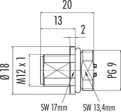 Scale drawing M12 Male panel mount connector, Contacts: 8, unshielded, solder, IP68, UL 2238, PG 9, Front mounting