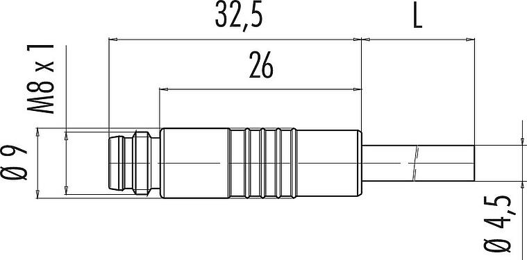 Maßzeichnung M8 Kabelstecker, Polzahl: 3, ungeschirmt, am Kabel angespritzt, IP65, PVC, schwarz, 3 x 0,25 mm², Snap-in Version, 2 m