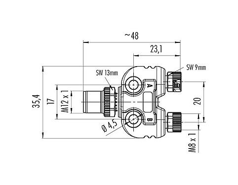 Scale drawing 79 5232 00 04 - M12 Twin distributor, Y-distributor, male M8x1 - 2 female M8x1, Contacts: 4/3, unshielded, pluggable, IP68, UL, with LED PNP