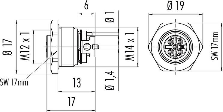 Dessin coté M12 Embase femelle, Contacts: 5, blindable, SMT, IP67, M14x1,0, Montage frontal