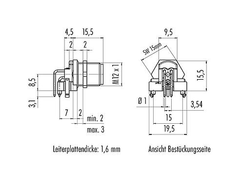 Maßzeichnung M12 Flanschstecker, gewinkelt, Polzahl: 5, schirmbar, THR, IP67, UL 2238, Rückwandmontage