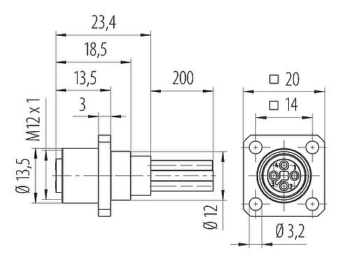 Dessin coté M12 Embase femelle, carré, Contacts: 4, non blindé, fils, IP40, UL 2238, M3 (4x), Montage frontal, coulé