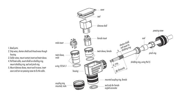 Assembly instructions M16 Female angled connector, Contacts: 24, 6.0-8.0 mm, shieldable, solder, IP67, UL 2238