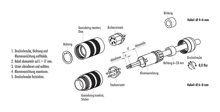 Montageanleitung M16 Kabeldose, Polzahl: 5 (05-a), 4,1-7,8 mm, ungeschirmt, löten, IP67, UL 2238, Kurzversion