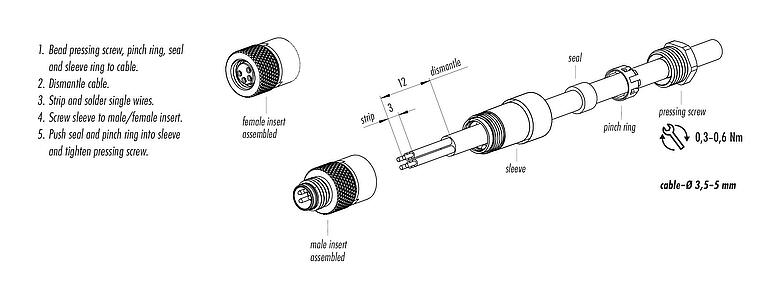 Instrukcja montażu M8 Męskie złącze kablowe proste, Kontaktów: 3, 3,5-5,0 mm, nieekranowany, lutowanie, IP67, UL 2238
