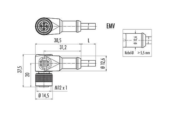 Maßzeichnung M12 Winkeldose, Polzahl: 8, geschirmt, am Kabel angespritzt, IP67, UL 2238, PUR, schwarz, 8 x 0,25 mm², 2 m