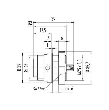 Scale drawing 09 4219 150 07 - RD24 Male panel mount connector, Contacts: 6+PE, unshielded, screw clamp, IP67, UL, ESTI+, VDE, central fixing