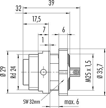 Scale drawing RD24 Male panel mount connector, Contacts: 6+PE, unshielded, screw clamp, IP67, UL, ESTI+, VDE, Front mounting