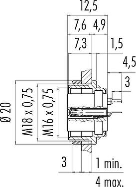 縮尺図 M16 メスパネルマウントコネクタ, 極数: 4 (04-a), 非シールド, THT, IP40, M18x0,75, 背面パネルマウント