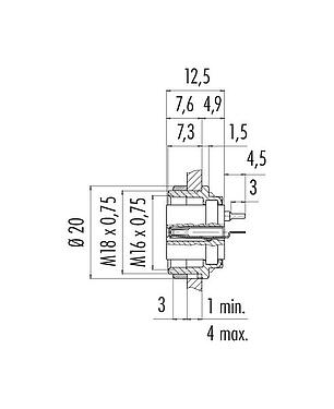 Scale drawing 09 0312 90 04 - M16 Female panel mount connector, Contacts: 4 (04-a), unshielded, THT, IP40, front fastened