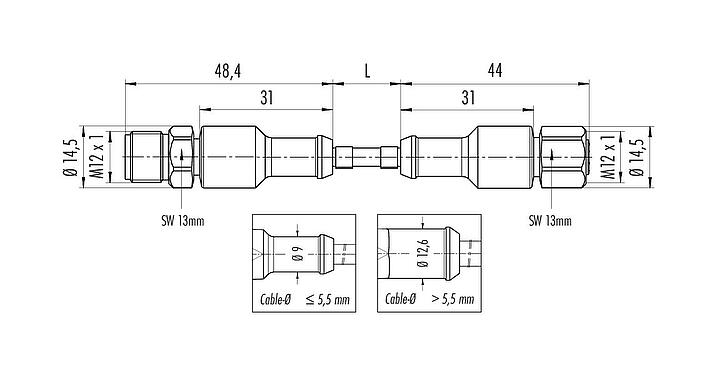 Dessin coté 77 3730 3729 20908-0500 - M12/M12 Câble de raccordement connecteur mâle - connecteur femelle, Contacts: 8, non blindé, surmoulé sur le câble, IP69K, UL, Ecolab, PVC, gris, 8 x 0,25 mm², Industrie alimentaire, Acier inoxydable, 5 m