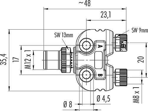 Maßzeichnung M12/M8 Zweifachverteiler, Y-Verteiler, Stecker - 2 Dosen, Polzahl: 4/3, ungeschirmt, steckbar, IP68, UL 2238, mit LED PNP