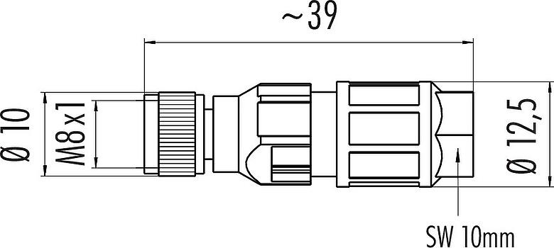 Mittakaavapiirustus M8 Kaapelirasia, Napojen määrä: 4, 2,5-5,0 mm, suojaamaton, IDC, IP67, UL