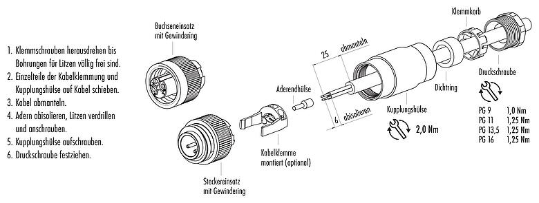 Montageanleitung RD24 Kabelstecker, Polzahl: 6+PE, 6,0-8,0 mm, ungeschirmt, schraubklemm, IP67, UL, ESTI+, VDE, PG 9