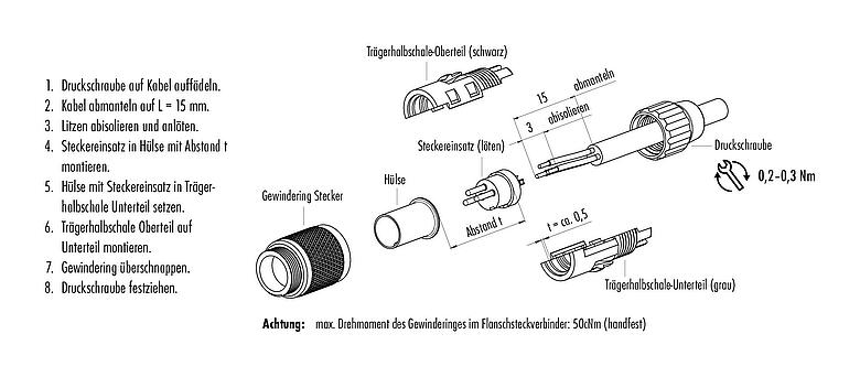 Montageanleitung M9 Kabelstecker, Polzahl: 5, 4,0-5,0 mm, ungeschirmt, löten, IP40
