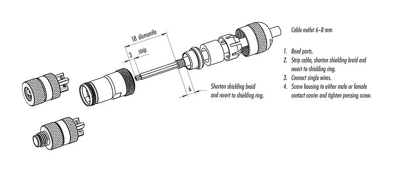 Assembly instructions 99 3363 300 04 - M8 Male cable connector, Contacts: 4, 6.0-8.0 mm, shieldable, screw clamp, IP67, UL