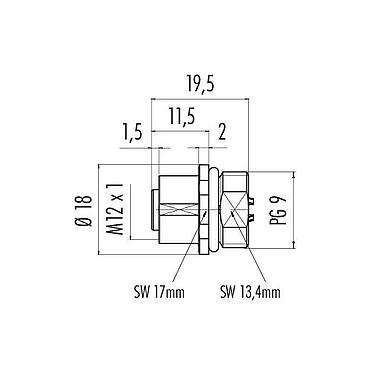 縮尺図 M12 メスパネルマウントコネクタ, 極数: 5, 非シールド, はんだ, IP68, UL 2238, PG 9, フロントマウント
