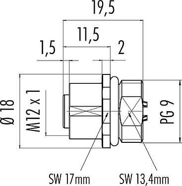 Scale drawing M12 Female panel mount connector, Contacts: 5, unshielded, solder, IP68, UL 2238, PG 9, Front mounting