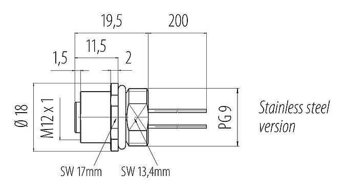 Scale drawing M12 Female panel mount connector, Contacts: 5, unshielded, single wires, IP68, PG 9, Front mounting, stainless steel, potted