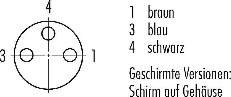 Polbild (Steckseite) M8 Kabeldose, Polzahl: 3, geschirmt, am Kabel angespritzt, IP67/IP69K, M8x1,0, PUR, schwarz, 3 x 0,34 mm², 2 m