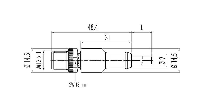 Dessin coté M12 Connecteur mâle, Contacts: 4, non blindé, surmoulé sur le câble, IP68/IP69K, UL 2238, PVC, gris, 4 x 0,34 mm², 2 m
