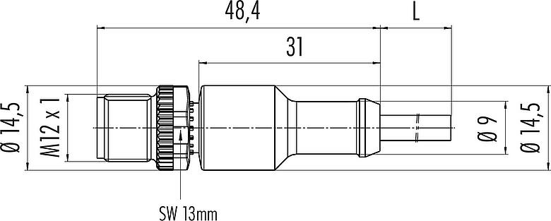 Maßzeichnung M12 Kabelstecker, Polzahl: 3, ungeschirmt, am Kabel angespritzt, IP68/IP69K, UL 2238, PVC, grau, 3 x 0,34 mm², 2 m