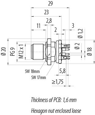 Bản vẽ tỷ lệ M12 Phích cắm gắn bảng, Số lượng cực : 4, có chống nhiễu, THT, IP68, UL 2238, PG 9, Chốt trung tâm, túp lều