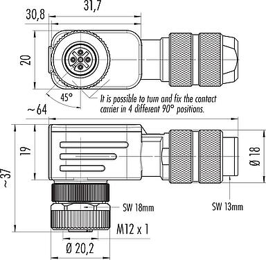Skalritning M12 Vinkeluttag, antal poler: 4, 5,0-8,0 mm, kan skärmas, skruvkläm, IP67, UL 2238, Irisfjäder