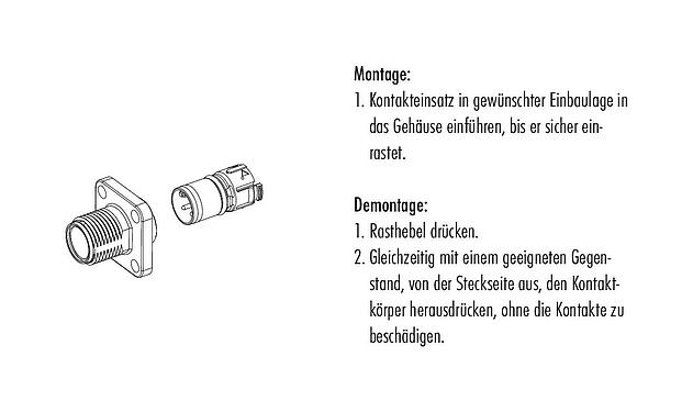 Montageanleitung M12 Vierkant-Flanschstecker, Polzahl: 4, ungeschirmt, UL 2238, M3 (4x), Frontmontage, Kodierungsausrichtung positionierbar