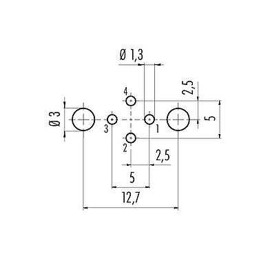 Conductor layout M12 Female panel mount connector, Contacts: 4, shieldable, THT, IP68, UL 2238, PG 9, Rear mounting, potted