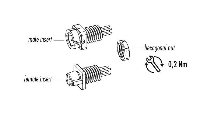 Component part drawing Snap-In Male panel mount connector, Contacts: 4, unshielded, THT, IP40, 1/4" 28 UNF, Front mounting
