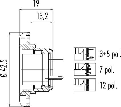 Maßzeichnung M25 Flanschdose, Polzahl: 7, schirmbar, löten, IP40, Frontmontage