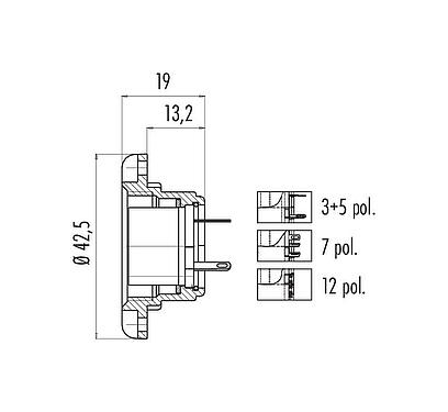 Maßzeichnung M25 Flanschdose, Polzahl: 7, schirmbar, löten, IP40, Frontmontage