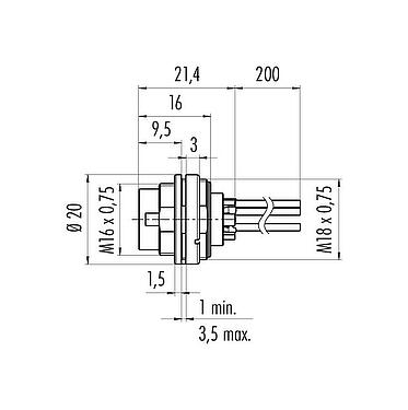 縮尺図 M16 オスパネルマウントコネクタ, 極数: 6 (06-a), 非シールド, 単線, IP40, M18x0,75, フロントマウント