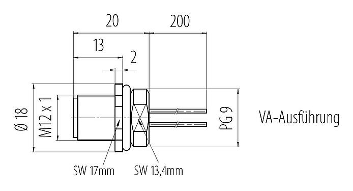 Maßzeichnung M12 Flanschstecker, Polzahl: 5, ungeschirmt, Litzen, IP68, PG 9, Frontmontage, Edelstahl