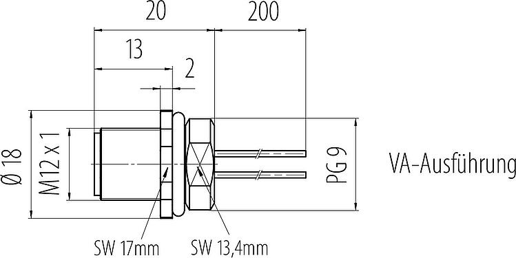 Maßzeichnung M12 Flanschstecker, Polzahl: 5, ungeschirmt, Litzen, IP68, PG 9, Frontmontage, Edelstahl, vergossen
